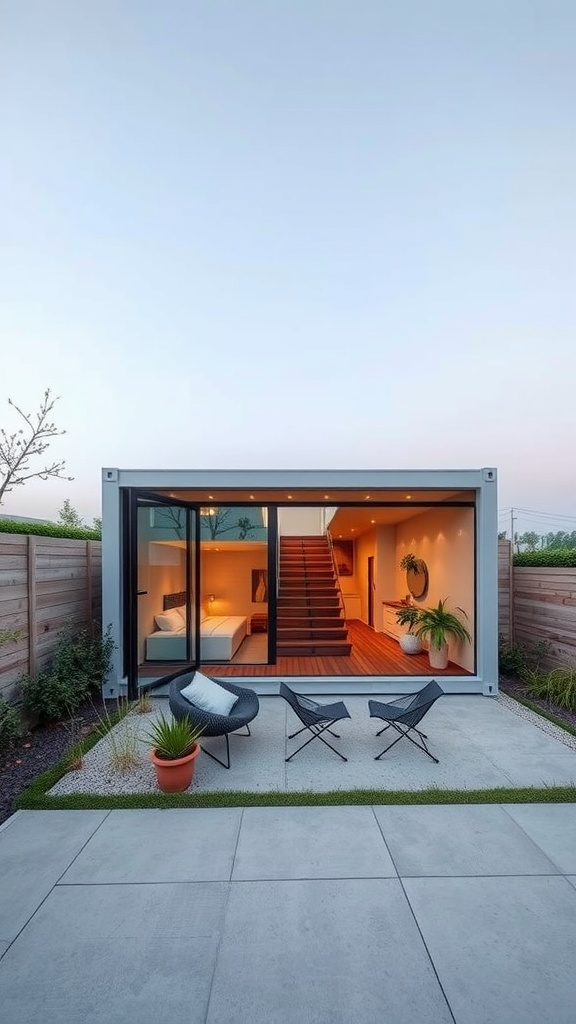 L-shaped container house with modern design and outdoor seating area.