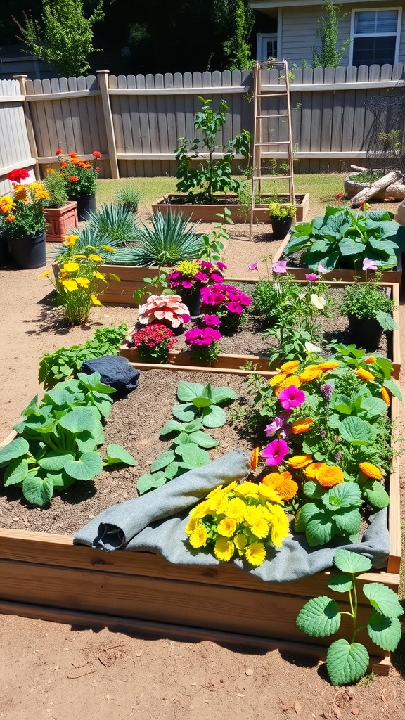 An L-shaped raised bed garden filled with colorful flowers and vegetable plants.