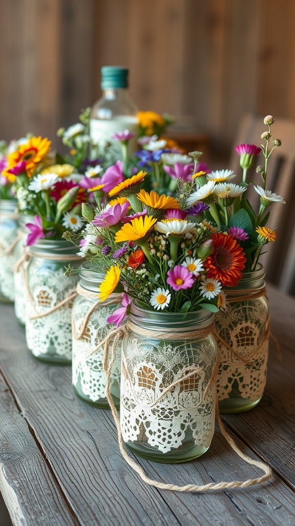 Lace-trimmed mason jar vases filled with colorful flowers on a wooden table.