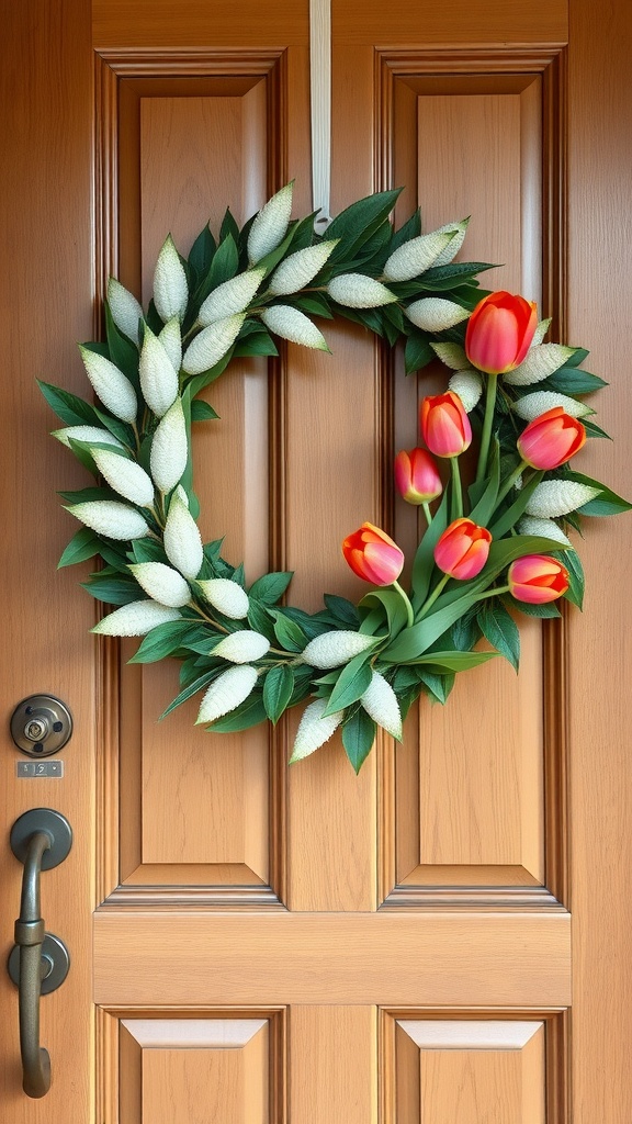 A wreath made of lamb's ear leaves and bright tulips hanging on a wooden door