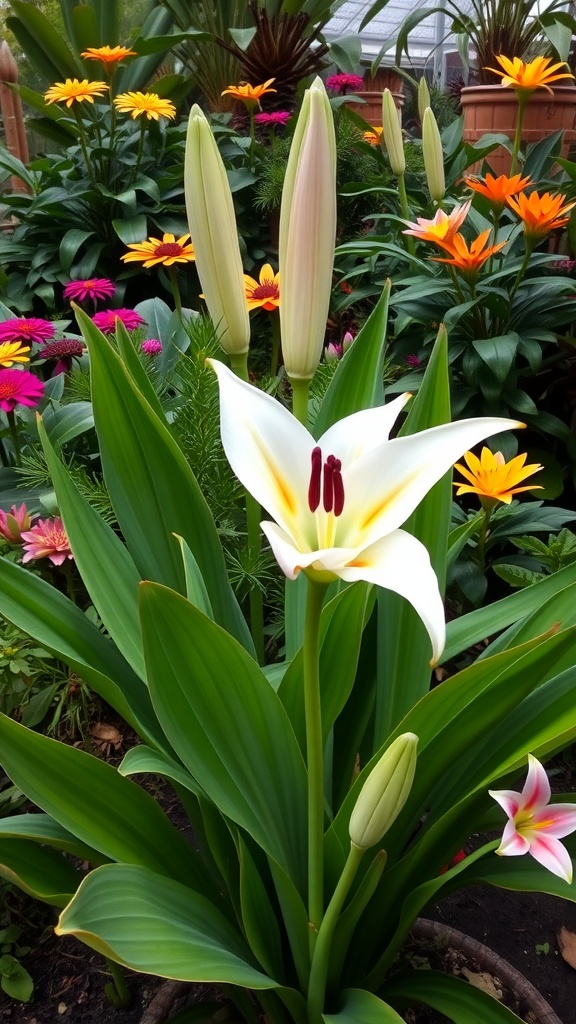 A close-up of beautiful Lankong lilies with white petals and green leaves surrounded by colorful flowers.