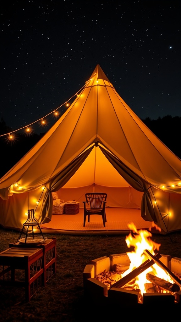 Cozy bell tent with string lights, campfire, and starry sky