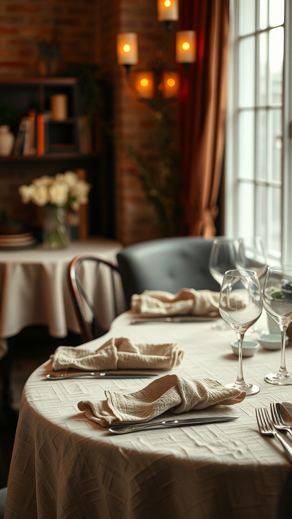 A cozy dining table set with layered textiles, elegant tableware, and soft lighting.