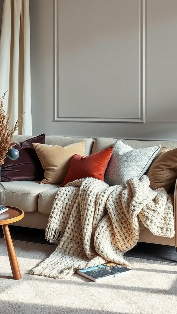 A cozy living room setup featuring a sofa with various pillows and a knitted blanket.