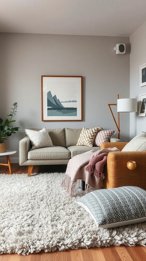 A cozy mid century modern living room with layered textures, featuring a plush rug, throw pillows, and blankets.