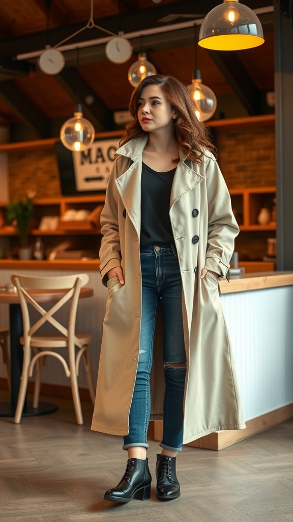 A woman wearing a lightweight trench coat with jeans and boots, posing in a cozy café setting.