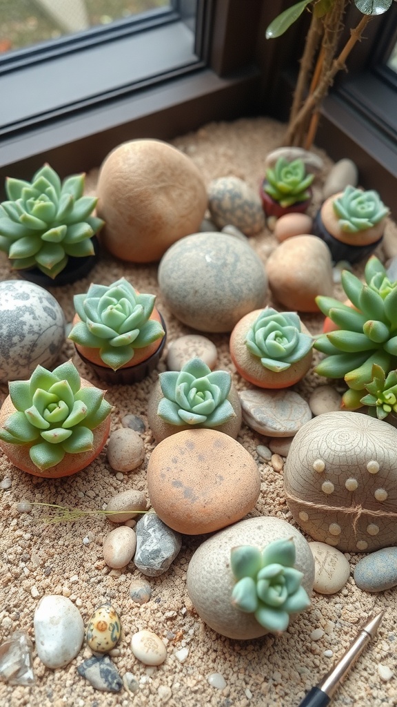 A variety of Lithops succulents, resembling stones, arranged with pebbles in a cozy indoor setting.