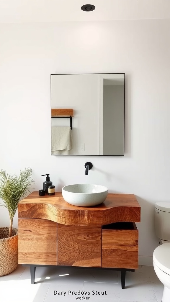 A live edge wood bathroom vanity with a stone sink, featuring natural wood grain and a minimalist design.