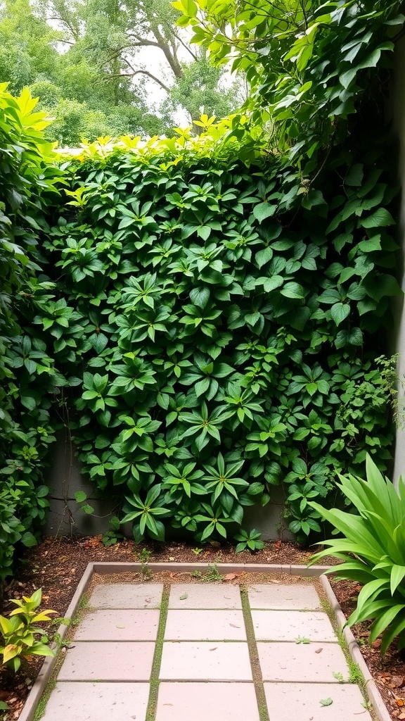 A lush green fence made of climbing plants, providing a natural look in a small garden.