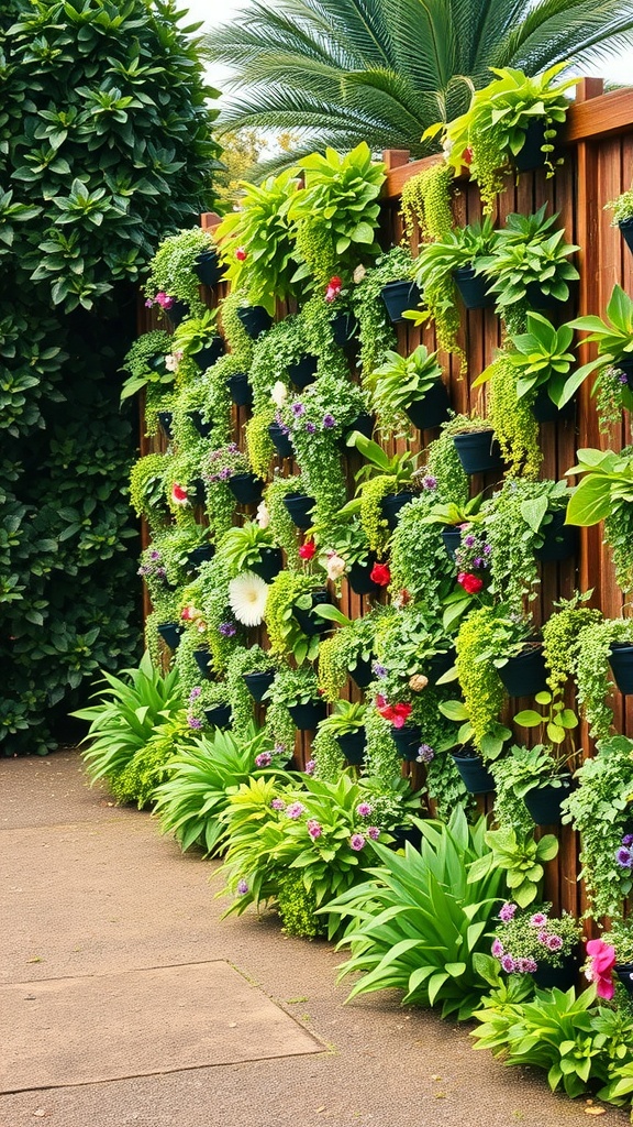 A vertical garden wall with various plants in pots on wooden panels.