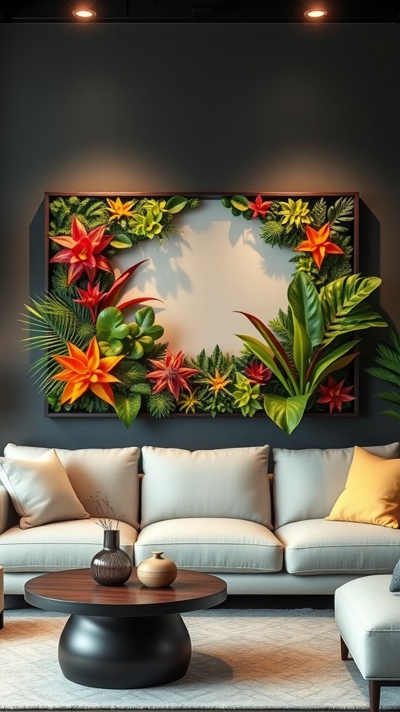 A vibrant living wall art display featuring tropical plants in a stylish interior setting.