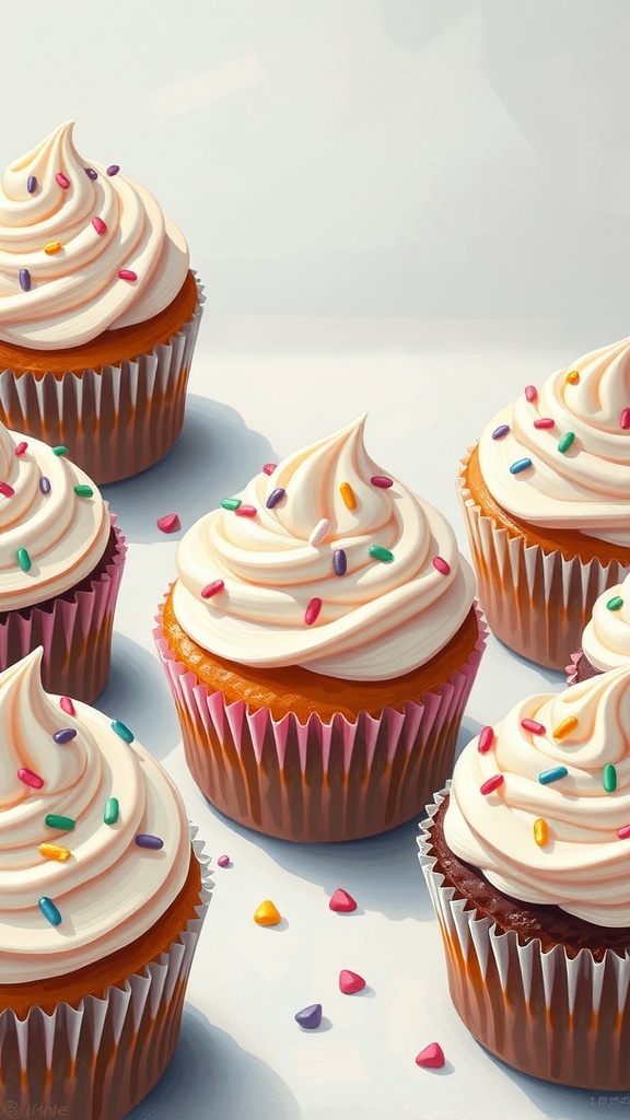 Artistic representation of colorful cupcakes with sprinkles