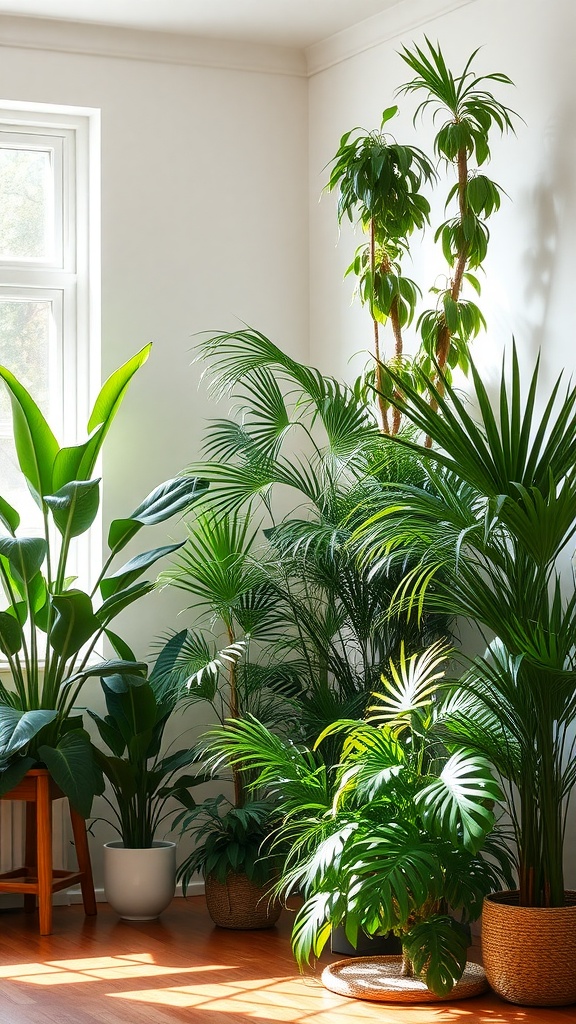 A bright corner filled with various tall indoor plants, showcasing lush greenery.