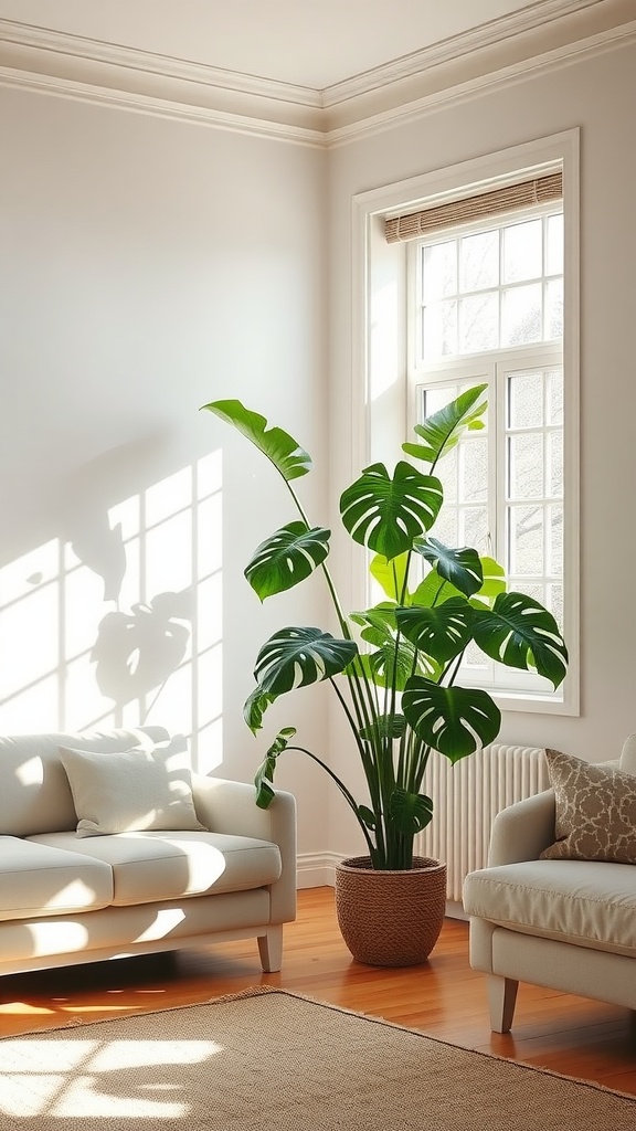 A bright corner of a room featuring a large Monstera Deliciosa plant next to cozy sofas.