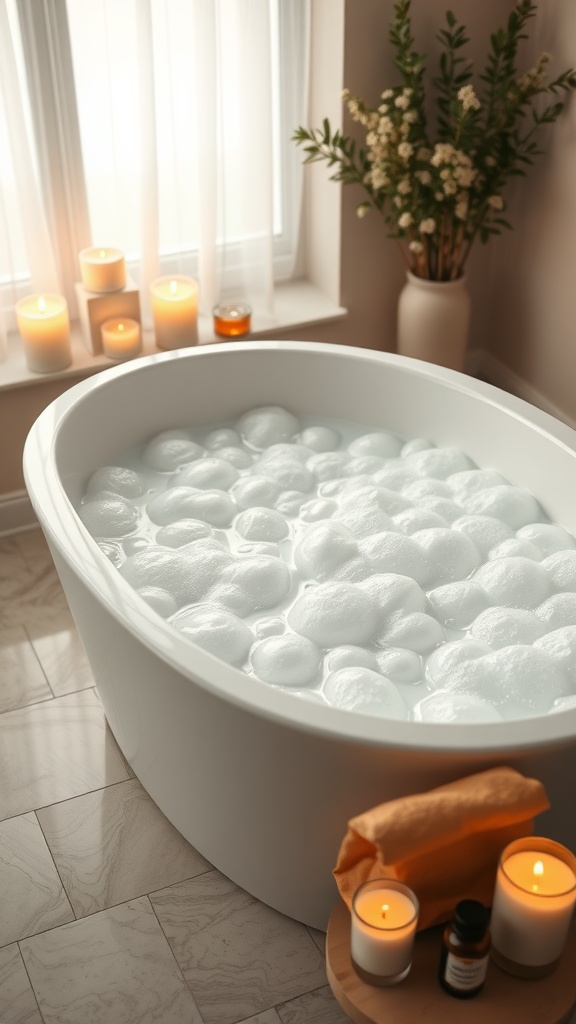 A luxurious bathtub filled with bubbles, surrounded by candles and a potted plant in a serene bathroom setting.