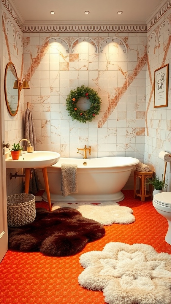 A luxurious bathroom featuring heated flooring, a freestanding bathtub, and stylish decor.