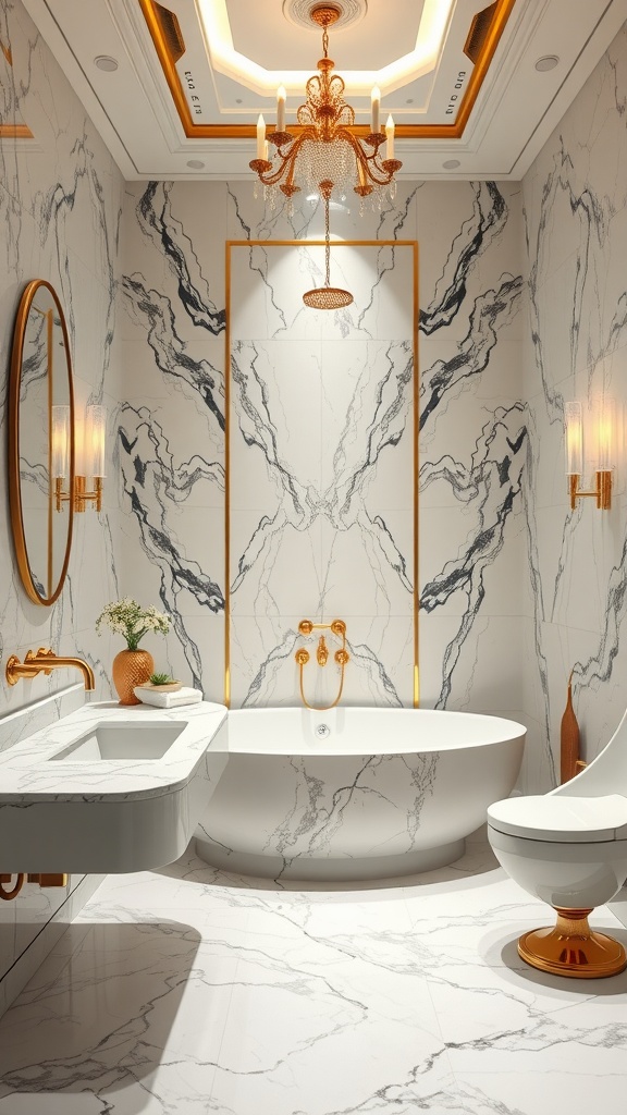 Luxurious bathroom with marble walls, gold fixtures, and elegant lighting.