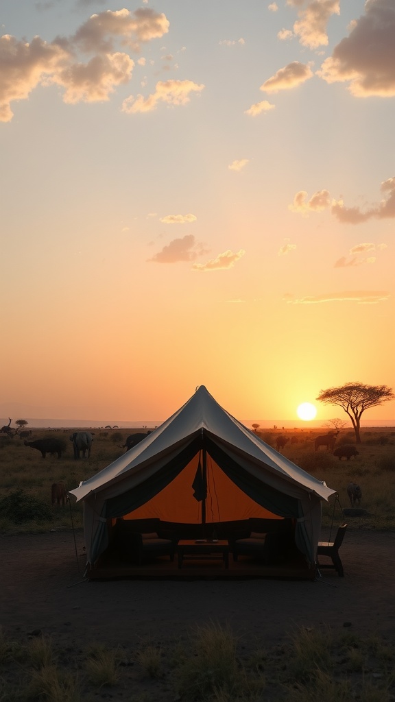 Luxurious safari tent at sunset in the Serengeti with elephants in the background.