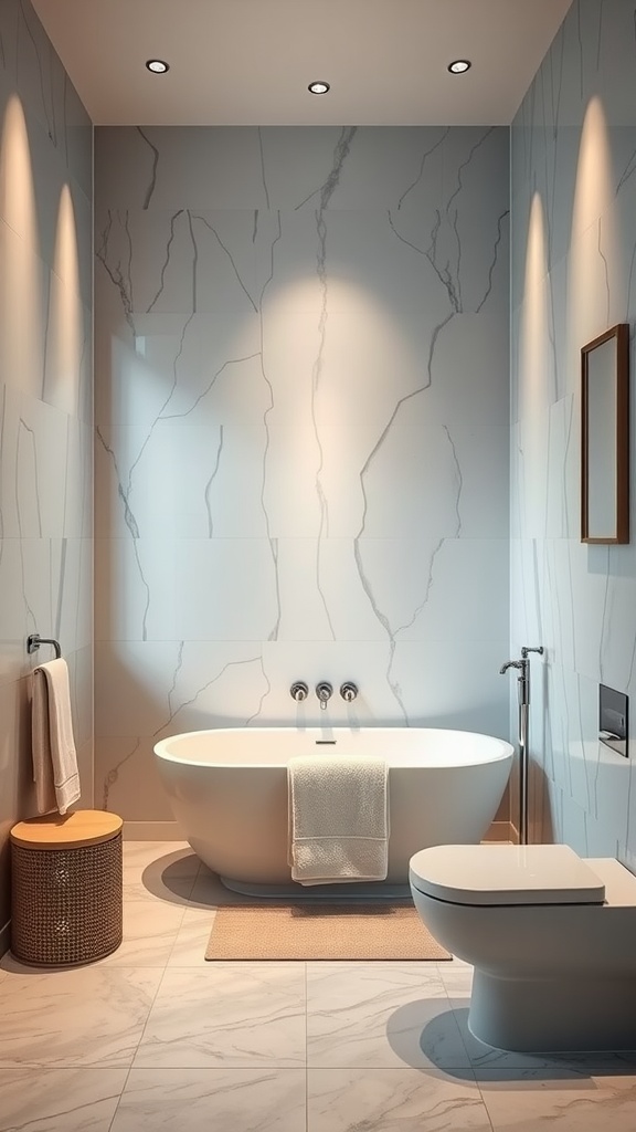 A bathroom featuring a freestanding tub, modern fixtures, and soft lighting against a marble backdrop.