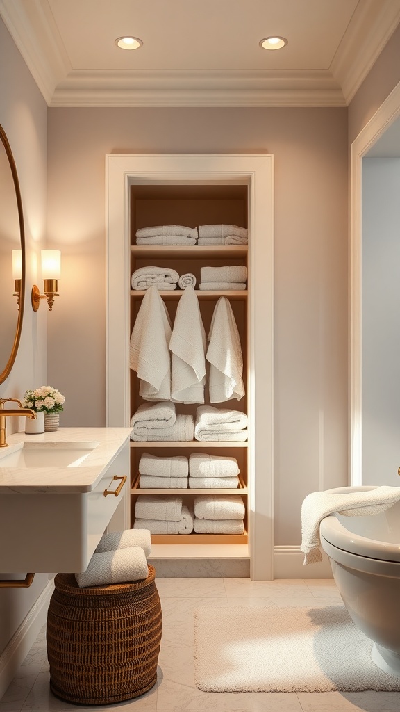 Luxurious spa-inspired linen storage with neatly folded towels and soft lighting