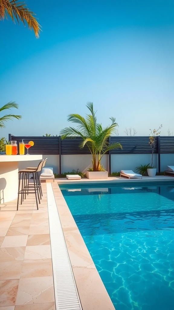 A beautiful poolside bar with drinks and a clean pool, surrounded by lounge chairs and palm trees.