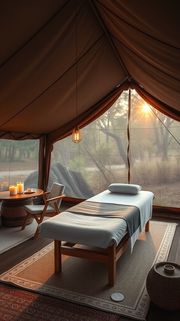 Interior of a luxury tent with a massage table and natural light, creating a relaxing spa-like atmosphere.