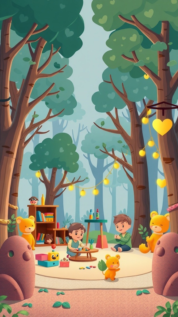 A magical forest hideaway with two children playing, surrounded by trees and stuffed animals.