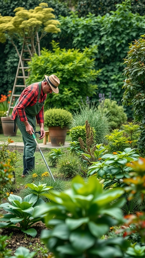 A gardener tending to a lush garden with various plants