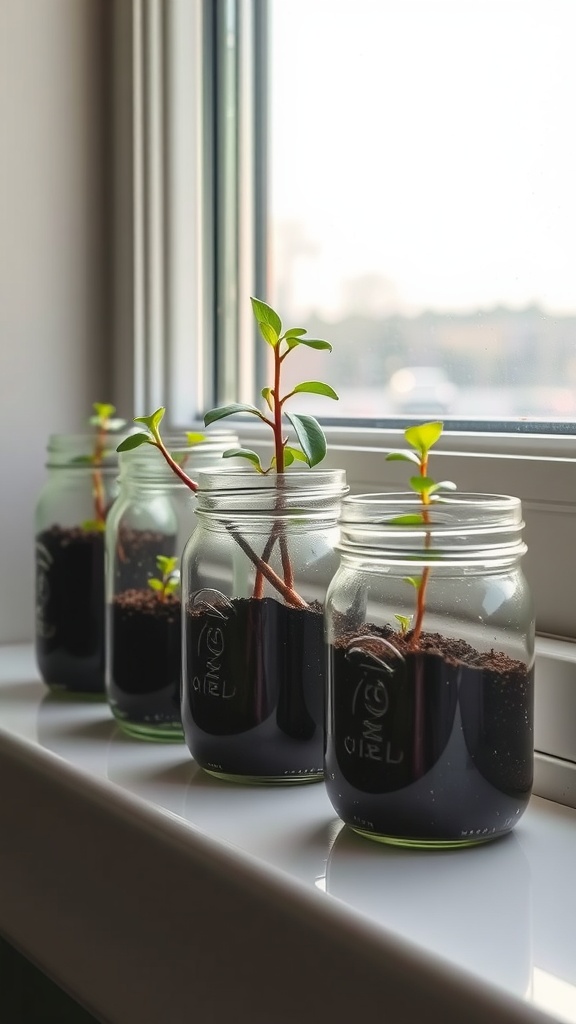 Mason jars with plants on a windowsill