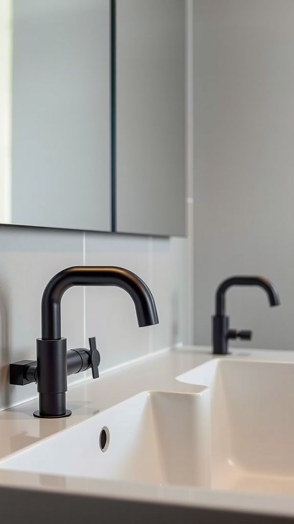 Close-up of matte black bathroom fixtures on a white sink