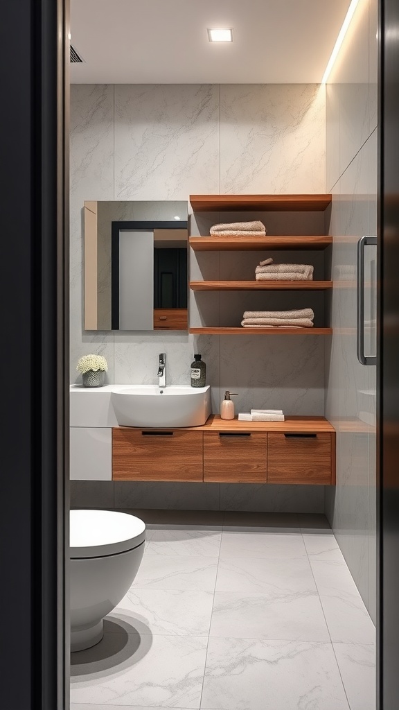 Small bathroom with floating shelves and vanity, showcasing an organized and spacious design.