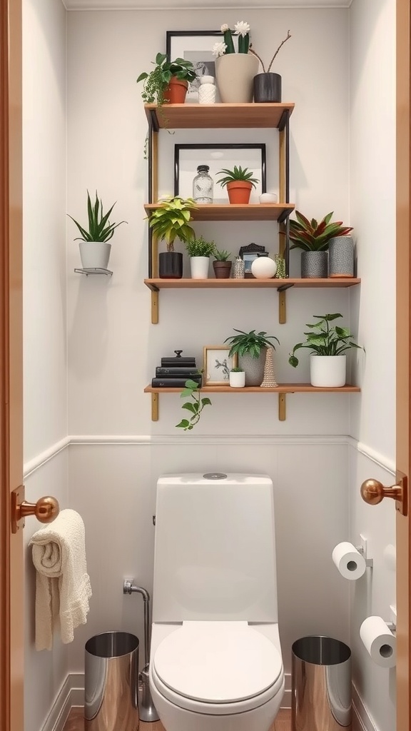 Small space bathroom with wooden shelves filled with plants and decorative items above the toilet.