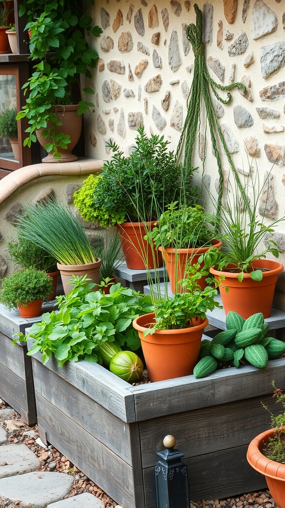 Mediterranean-style raised planters filled with various herbs and vegetables