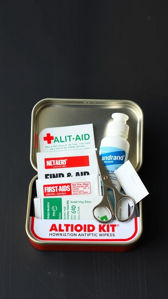 A well-organized mini first aid kit inside an Altoid tin, featuring band-aids, antiseptic wipes, and scissors.