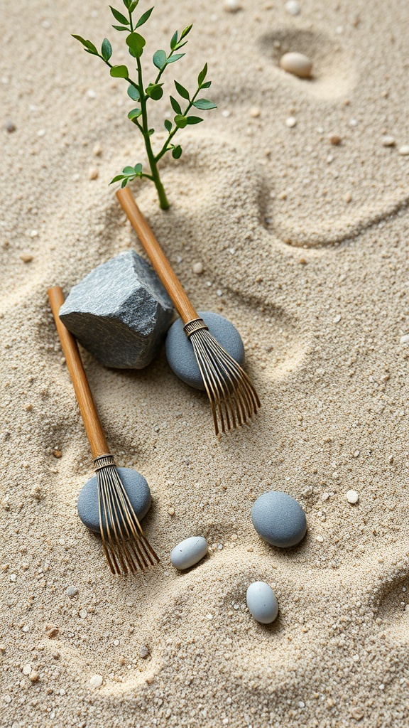 A mini Zen garden with sand, rocks, and small rake