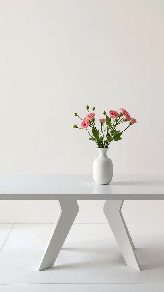 Minimalist dining table with a fresh flower centerpiece in a white vase.