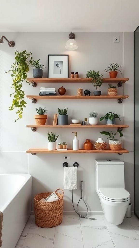 A minimalist bathroom with floating wooden shelves displaying various plants and decorative items.