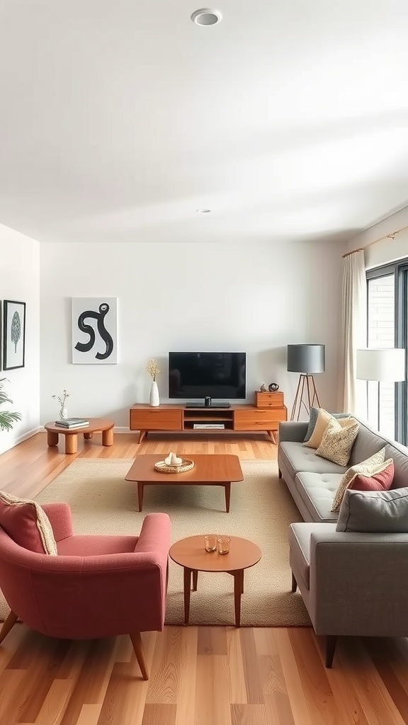 A minimalist mid-century modern living room featuring a gray sofa, pink armchairs, and a wooden coffee table.