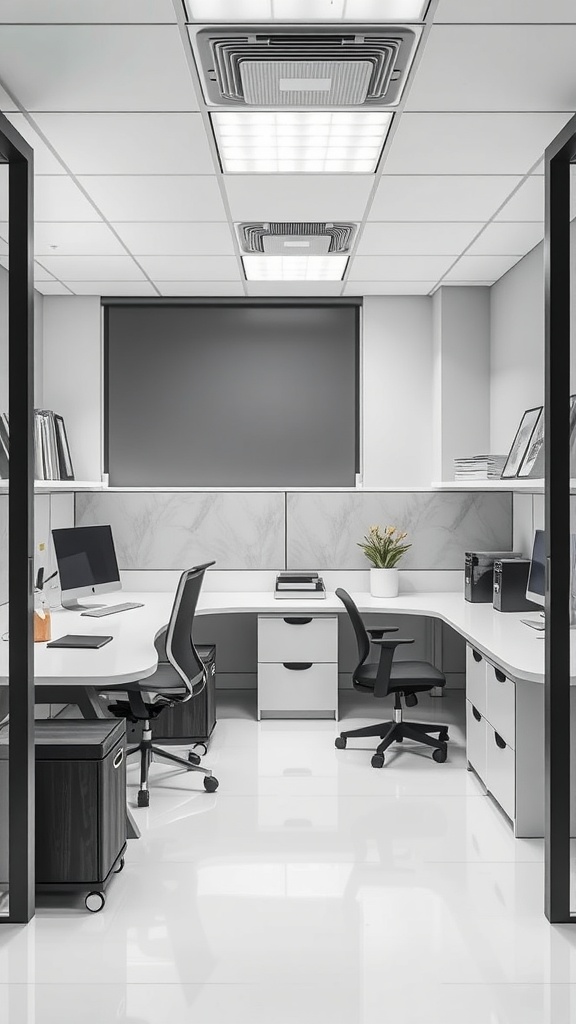 A minimalist monochrome office cubicle with white desks, black storage, and a small plant.