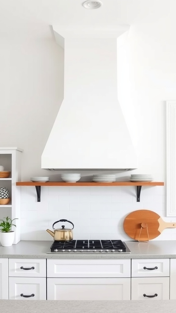 A minimalist kitchen featuring a white hood, wooden shelf with plates, and a sleek stove.