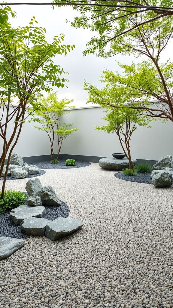 A minimalist Zen garden featuring rocks, gravel, and greenery.