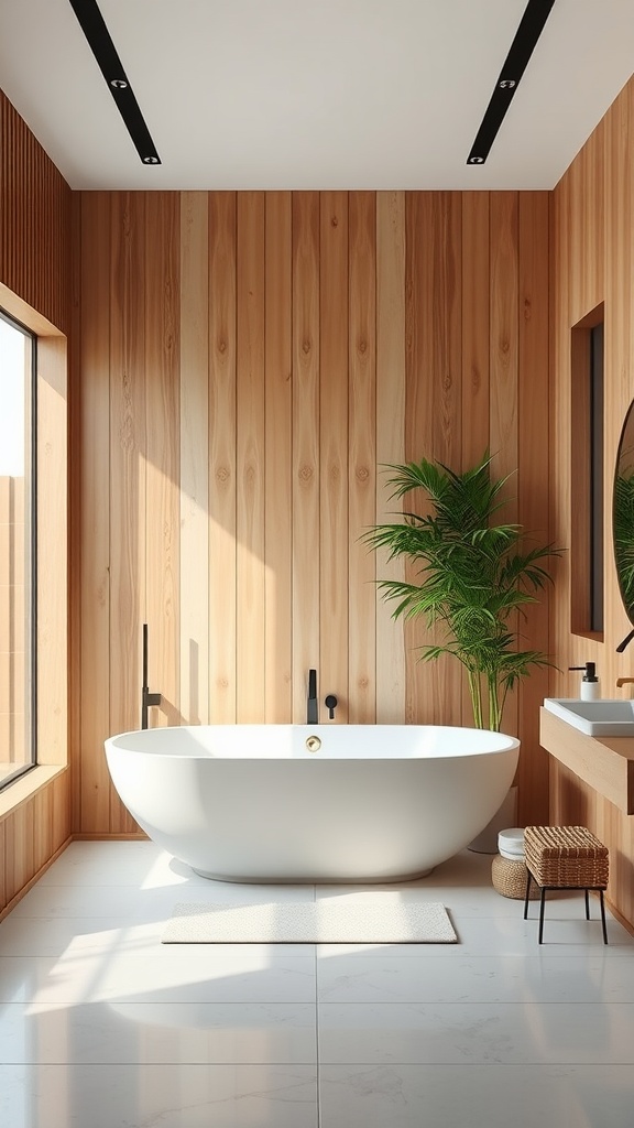 A minimalist bathroom with wooden walls, a freestanding white bathtub, and natural light.