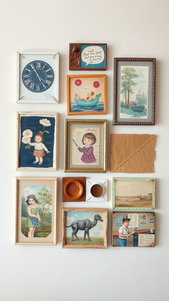 A mixed media art installation featuring various framed artworks and vintage items on a wall.