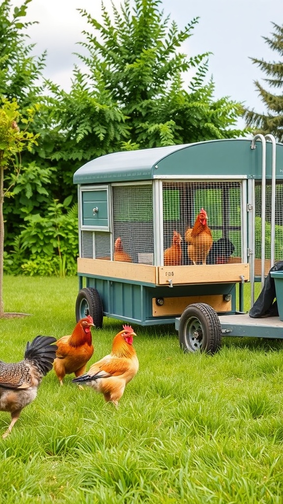 Mobile chicken tractor with chickens in a garden setting