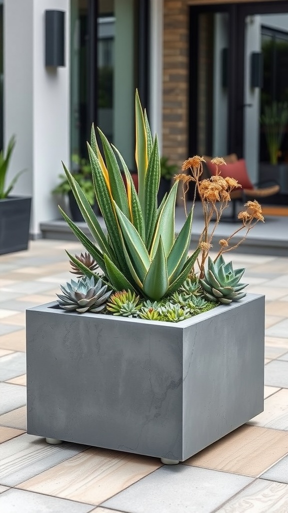 A modern gray concrete planter box filled with various succulents, placed on a patterned patio