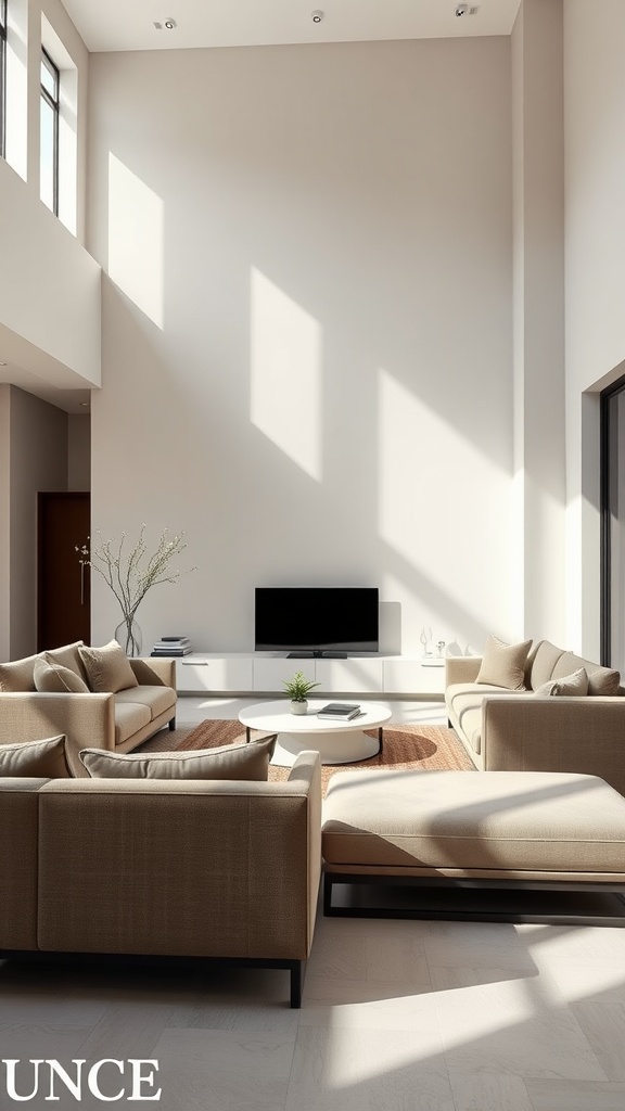 A modern minimalist living room featuring neutral-toned furniture and a spacious layout.