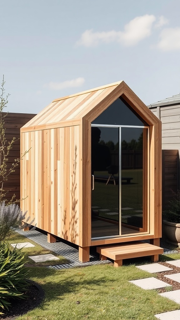 A modern minimalist chicken house made of wood with large glass panels, set in a garden.