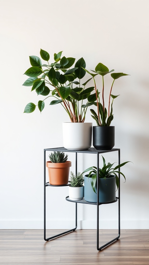 Modern minimalist plant stand with various potted plants