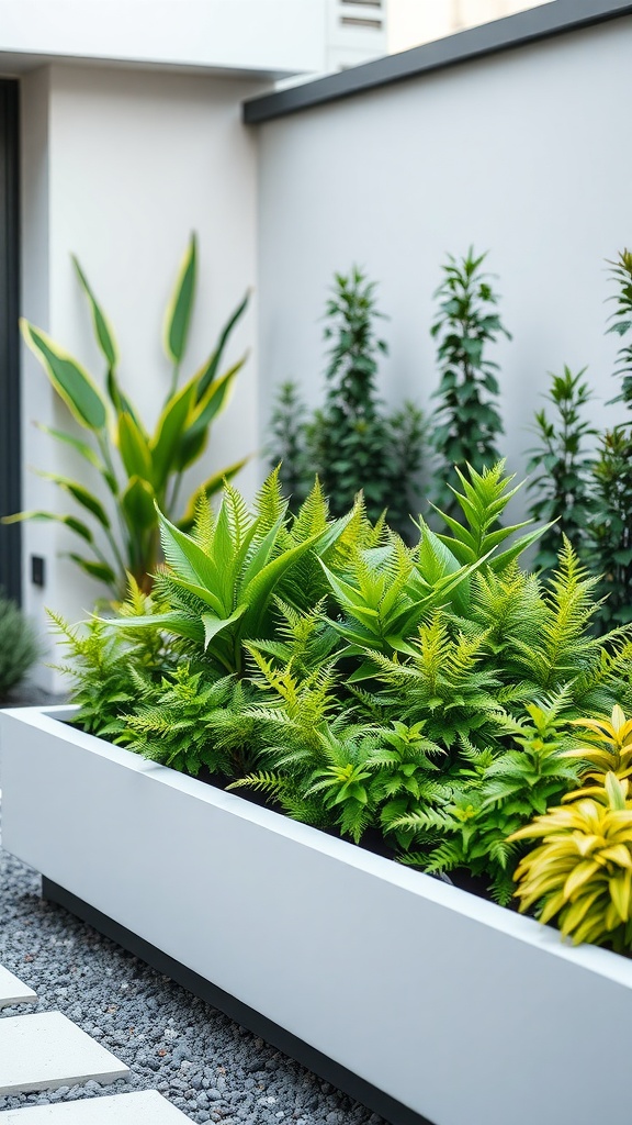 A modern minimalist planter box filled with ferns and greenery.