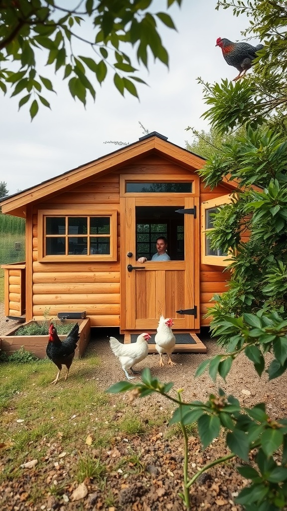 A modern rustic chicken coop with a wooden exterior and chickens roaming in the yard.